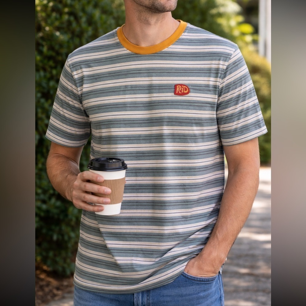 EXCELLENT CONDITION MEN’S DUTCH BROS STRIPED “RAD” SHORT-SLEEVED T-SHIRT medium